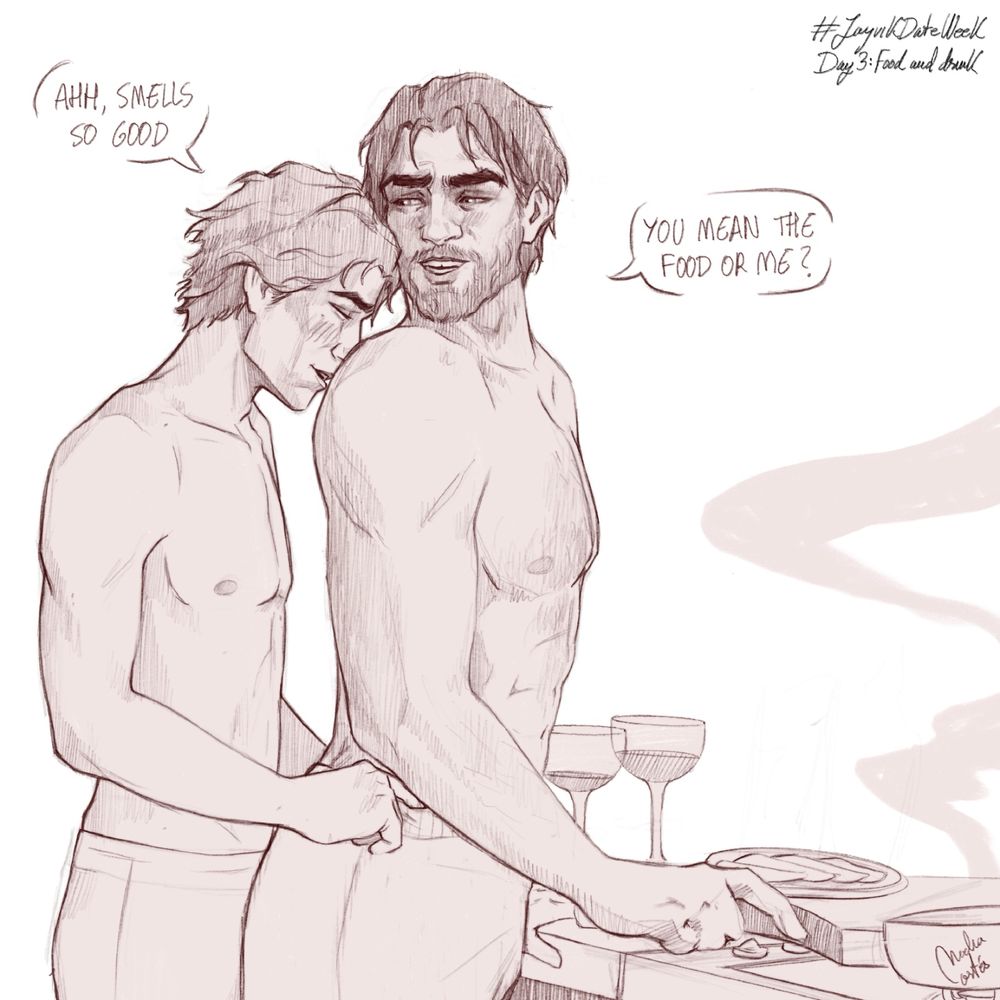 Jayce is cooking without a shirt on, and behind him is Viktor, saying how good it smells in there. Jayce wonders if he’s talking about the food or about him

