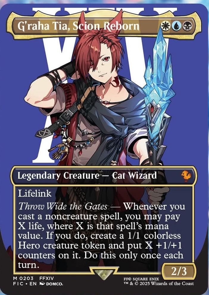 a magic the gathering card featuring g'raha tia from final fantasy 14.