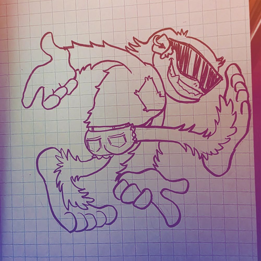 an ink drawing of the jortsquatch, a forest dwelling cryptid wearing jorts and killer shades (or "sunglasses," as they say)