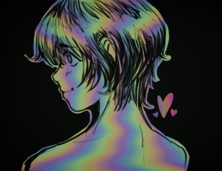 a human with short hair from behind. they are turning to the side. there is a rainbow effect on them much like an old CRT screen.
