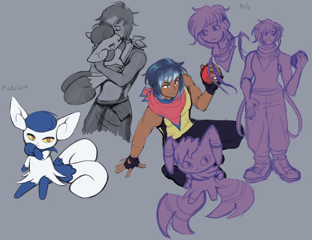 trainer OC Mille and their meowstic Miss Mad

plus Mille's own meowstic form is here, from whenever they fall into their pokemon mystery dungeon misadventure (RIP)