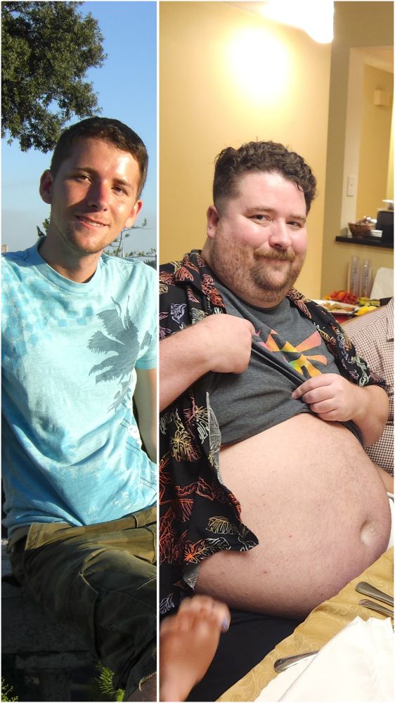 2 photos of Alex taken at different times. On the left, when he was a skinny 130 pound twink wearing a light blue Aeropostale shirt at age 19. On the right, much fatter, sitting at a table with his huge belly exposed, at age 35 and 480 pounds. 