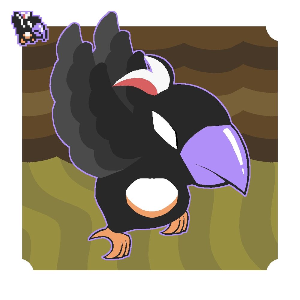 A redraw of the Crow sprite from A Link to the Past (LoZ: ALttP). It's black with a purple beak, white stomach with orange shading, orange feet, and a white red and black tufts of feathers on its head. It has a completely white slanted eye

The background is cliffs and a sandy floor represented by simple shapes

The original sprite is in the upper-left corner

#ZeldaFanart #LoZFanart #ALttPFanart #Nintendo #RetroGame #Crow #redraw #sprite #LegendOfZelda #fanart #ZeldaEnemies #SNES #Nintendo #SuperNintendo