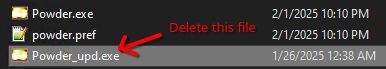 Image showing two files, Powder.exe and Powder_upd.exe. A red arrow points to Powder_upd.exe with the text "Delete this file"