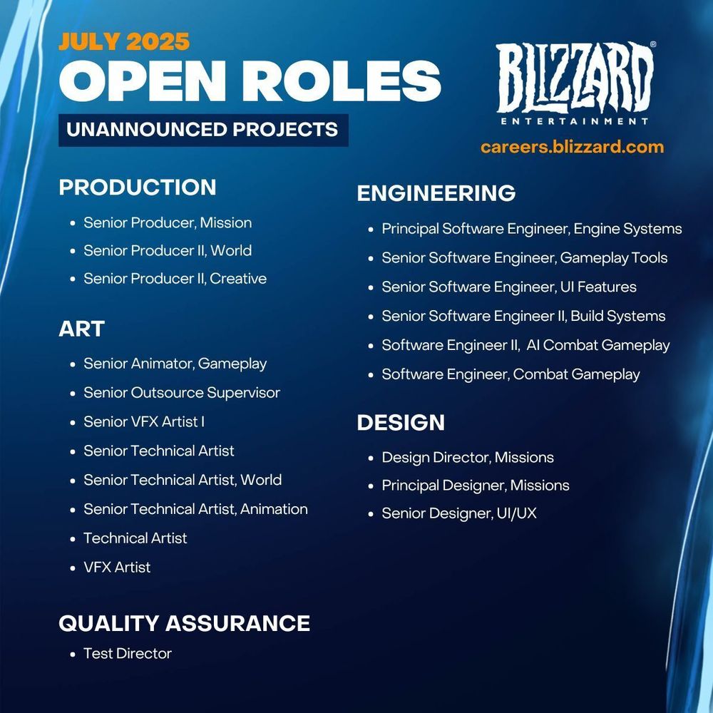 JULY 2025
OPEN ROLES
BILZZARD
UNANNOUNCED PROJECTS
ENTERTAINMENT
careers.blizzard.com
PRODUCTION
Senior Producer, Mission
Senior Producer II, World
Senior Producer II, Creative
ENGINEERING
Principal Software Engineer, Engine Systems
Senior Software Engineer, Gameplay Tools
Senior Software Engineer, UI Features
Senior Software Engineer II, Build Systems
ART
Senior Animator, Gameplay
Software Engineer II, Al Combat Gameplay
Senior Outsource Supervisor
Software Engineer, Combat Gameplay
Senior VFX Artist I
DESIGN
Senior Technical Artist
Design Director, Missions
Senior Technical Artist, World
Principal Designer, Missions
Senior Technical Artist, Animation
Senior Designer, UI/UX
Technical Artist
VFX Artist
QUALITY ASSURANCE
Test Director