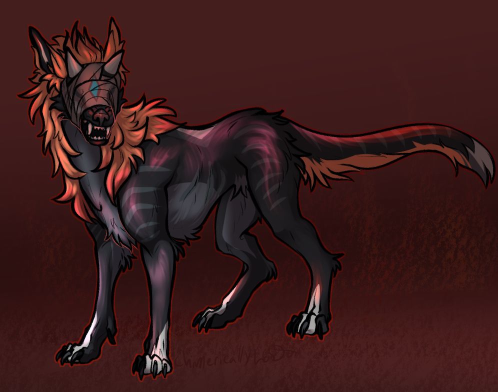 A wolf-like creature stands in front of a field of red. It is gray with lighter stripes and a gradient orange mane and tail accent. Its horned head is wrapped in cloth, with closed eyes and a blue diamond painted on its forehead. It snarls at the viewer, teeth bared, though the cloth restricts its movement.