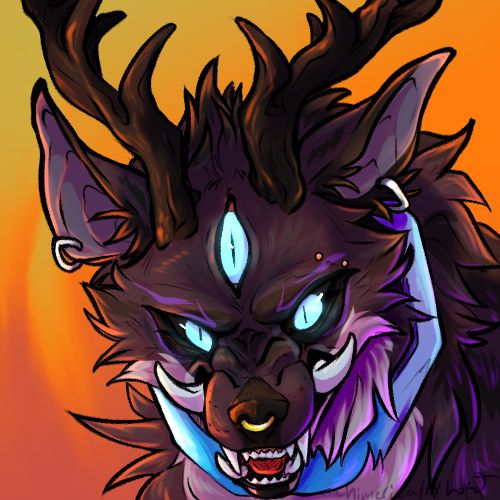 A purple wolf with large black antlers faces the viewer, snarling. It has three cat-like eyes that glow light blue, one in the center of its forehead. Tusks curl out from the back of its mouth. It has gold and silver piercings in its ears, nose, and above its left eye. Fire fills the background behind it.