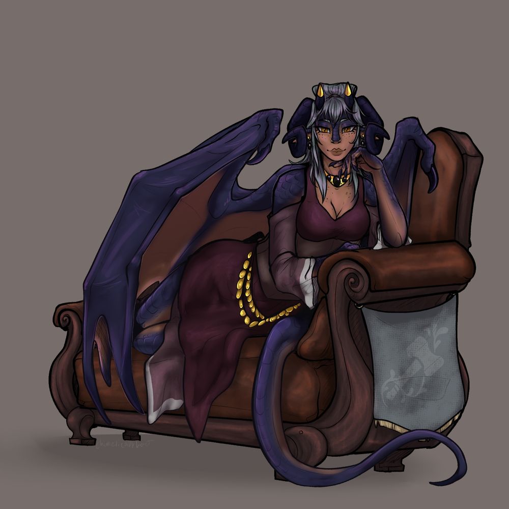A digital artwork depicting a blue-scaled dragon woman laying on a brown leather chaise lounge and looking at the viewer, a hand under her chin. She has large bat like wings and rams horns curl from her head. A long tail lazily flicks on the ground. She wears a maroon and brown dress decorated with a gold coin belt and wears several pieces of gold and obsidian jewelry. 