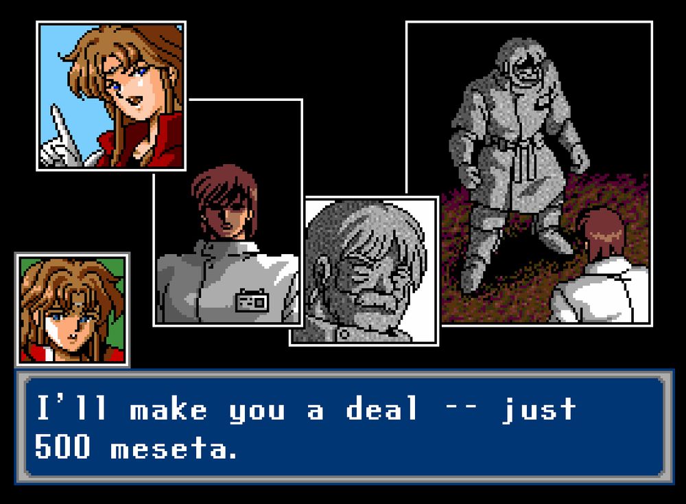 a screenshot from phantasy star iv, Alys is yet again harassing Hahn's wallet, saying, "I'll make you a deal -- just 500 meseta."