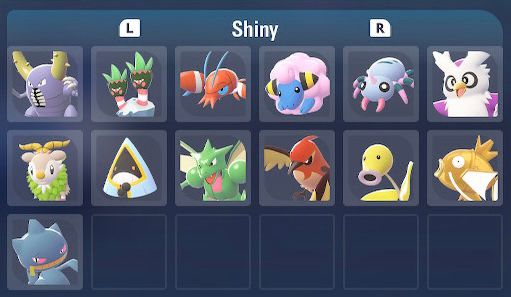 Screenshot from Pokemon Legends: Z-A of the box storage system for Pokemon. A 6x2 grid beneath text reading “Shiny” shows eight of the squares filled with portraits for shiny Pokemon: Pinsir, Binacle, Clauncher, Mareep, Spinarak, Delibird, Skiddo, Snorunt, Scyther, Fletchinder, Bellsprout, Magikarp, and Banette.