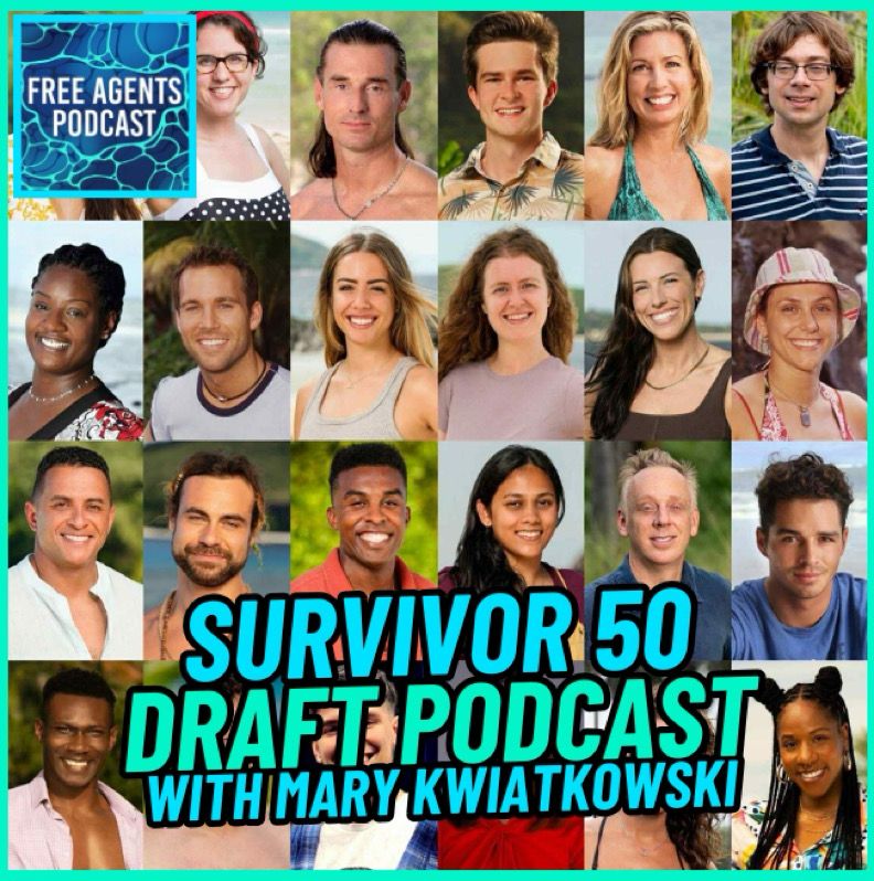 Free Agents podcast promo image for the Survivor 50 draft podcast with Mary Kwiatkowski