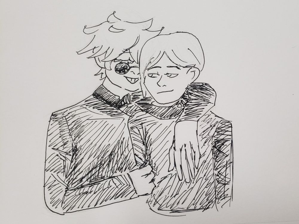 gojo satoru and nanami kento highschool aged drawing where gojo is giving nanami a side hug while nanami looks at him fondly