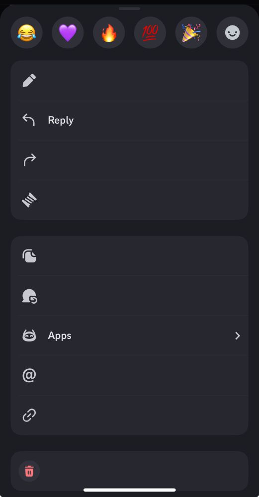 A screenshot from the discord app where every option on an action menu is blank 