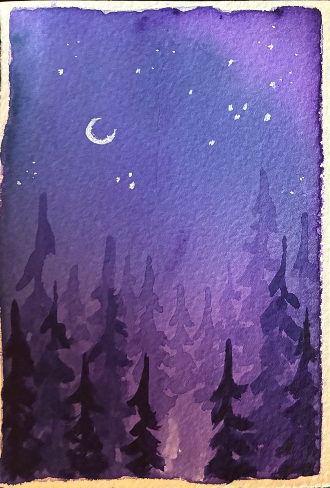A small watercolor painting of a rich purple night with purple trees fading into the distance under a crescent moon