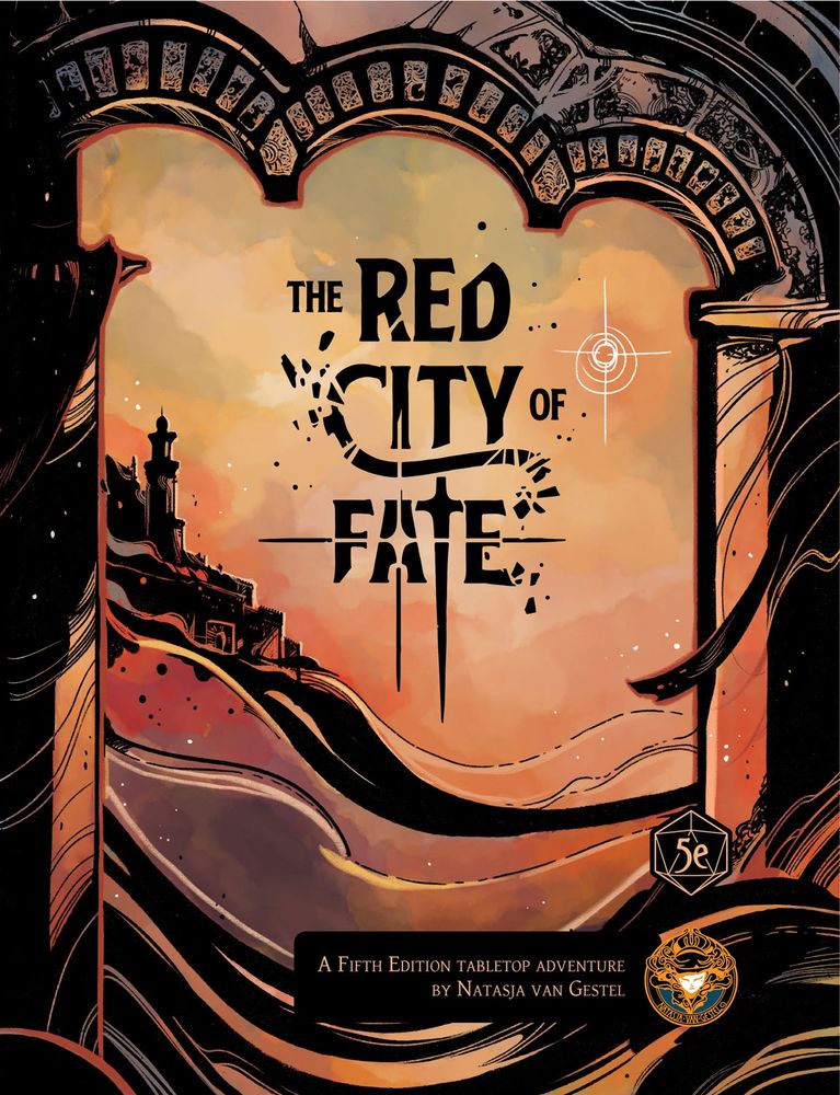 Cover of The Red City of Fate, a view of a desert city in oranges and browns
