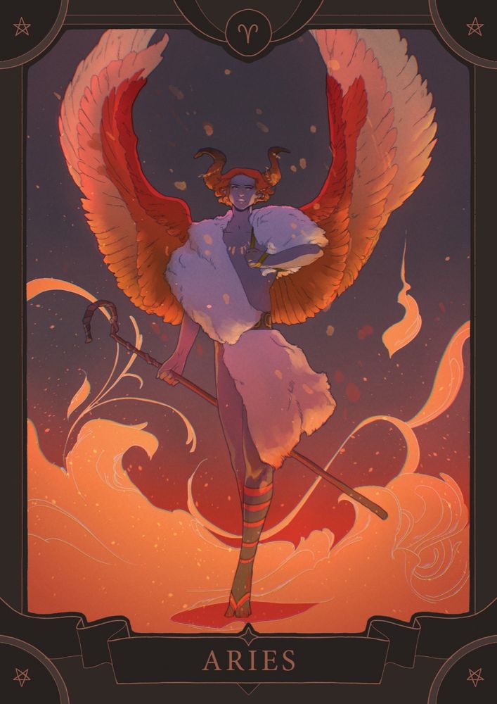 Fiery winged figure wearing very little more than a woolly throw on a gray background. The illustration is framed and on the bottom it says "Aries"
