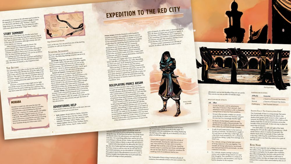 Preview of the adventure's interior, including interior illustrations and a small map