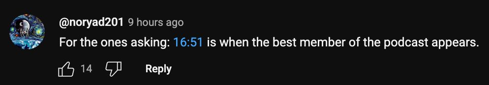 YouTube comment from @noryad201 "For the ones asking: 16:51 is when the best member of the podcast appears"