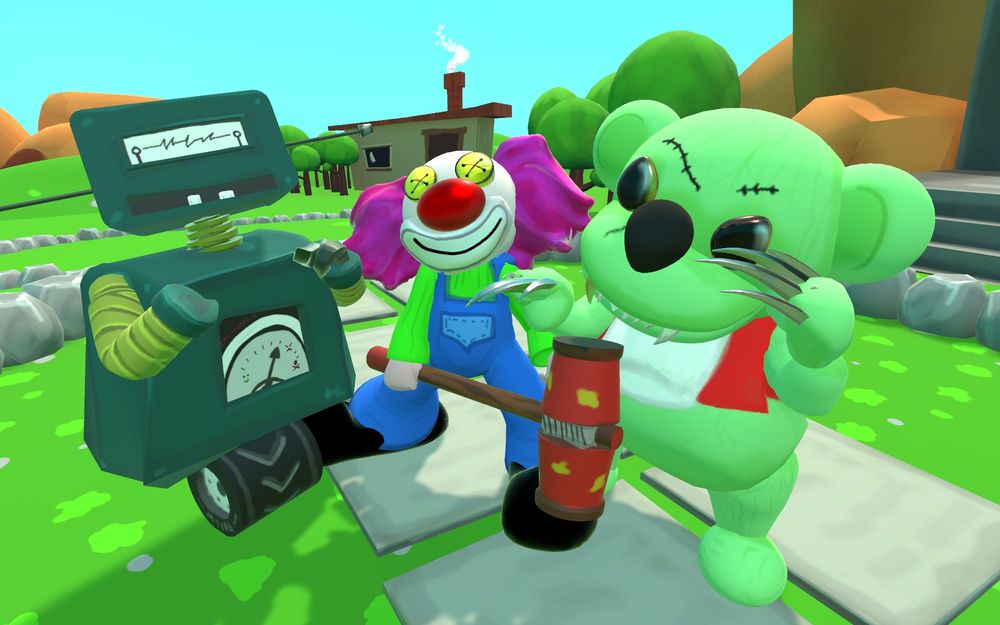 A cartoon evil bear, clown and robot staring at the screen ready to rumble.