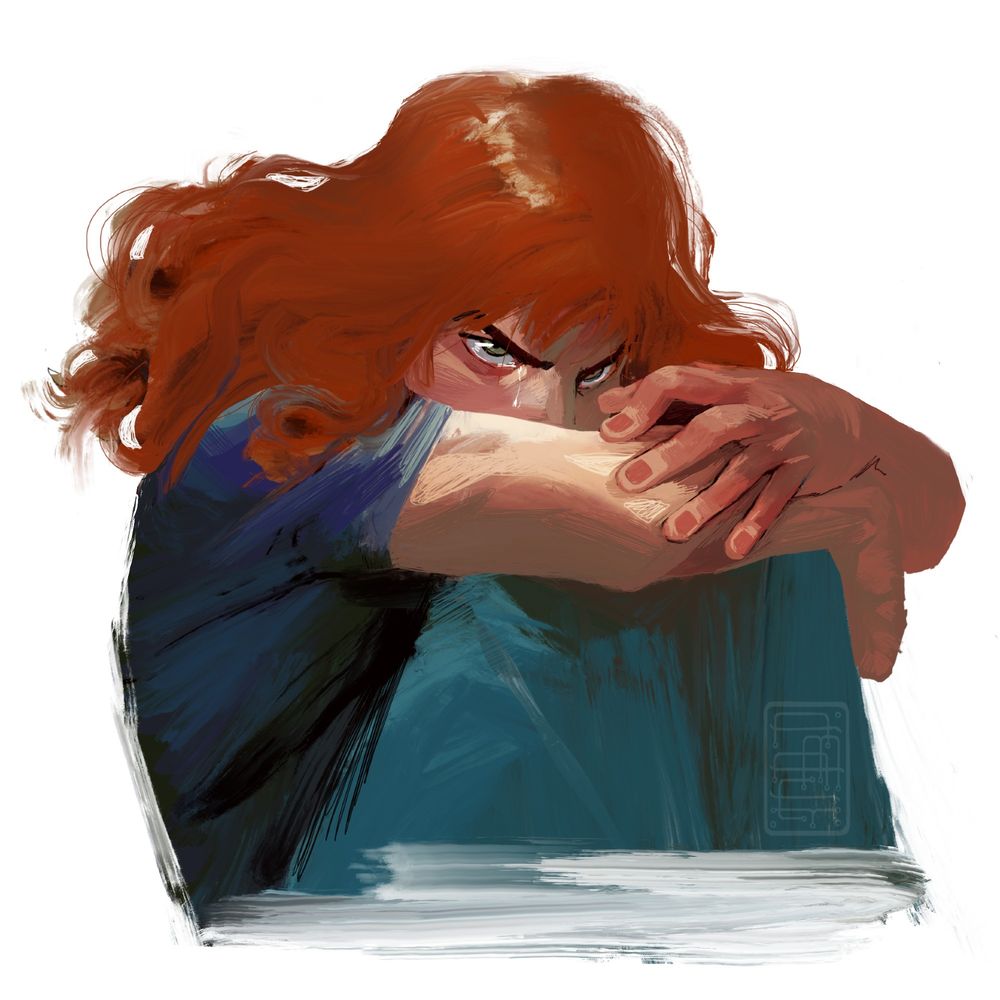 Painting of Helly.R, curled up, she casts a hateful, defiant gaze on the viewer.