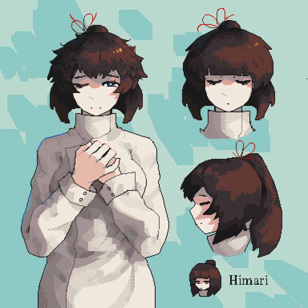 Ms. HIMARI, one of the leading researchers at “LAMBDA-7”, consists of 2 biologists, 1 engineer, 1 doctor, 5 staff and a manager. 
LAMBDA-7 used to be a branch of Unnatur Auxillary Site. Now it’s a fully separate team, working under BMRI (Bio-mechanical Research Institute) in Borsov.
This is a part of Himari’s reference sheet with multiple depiction of her appearance.