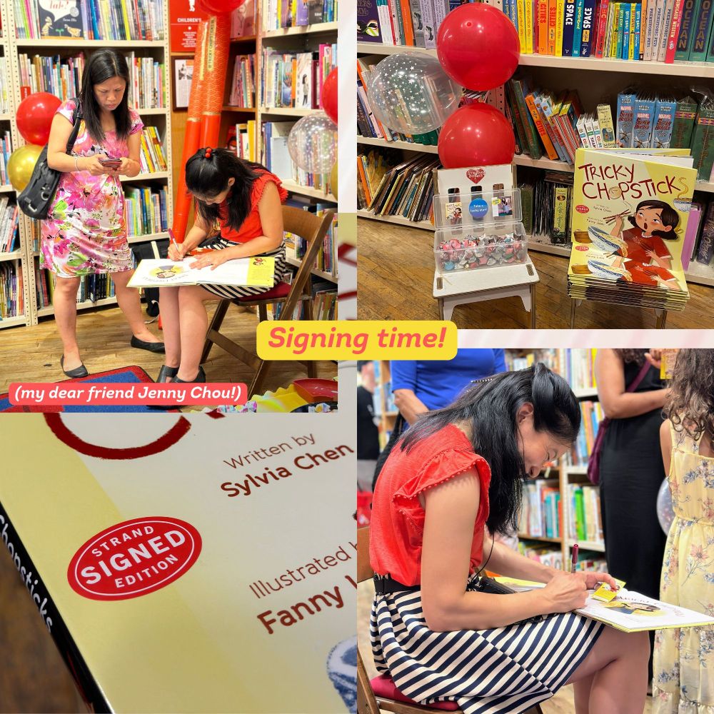 Picture collage of author Sylvia Chen in a red top and black and white striped skirt signing copies of TRICKY CHOPSTICKS