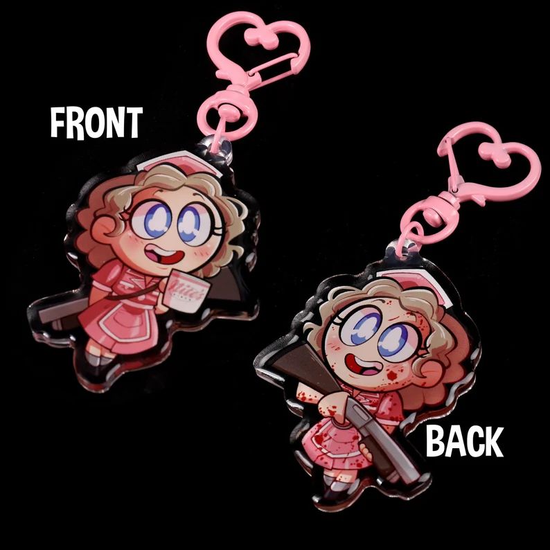 Rose charm, front has her drinking coffee from a Nite's Diner mug, back has her covered in blood and holding a shotgun.