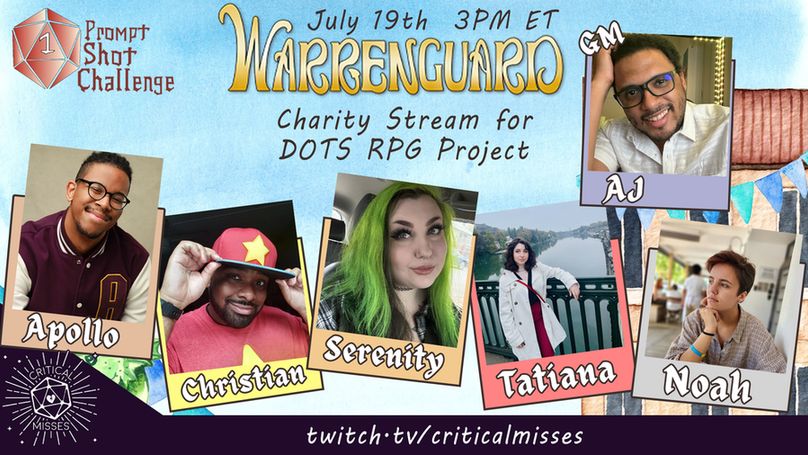 promo image for the Warrenguard Charity stream featuring images of AJ, Apollo, Christian, Serenity, Tatiana and Noah.