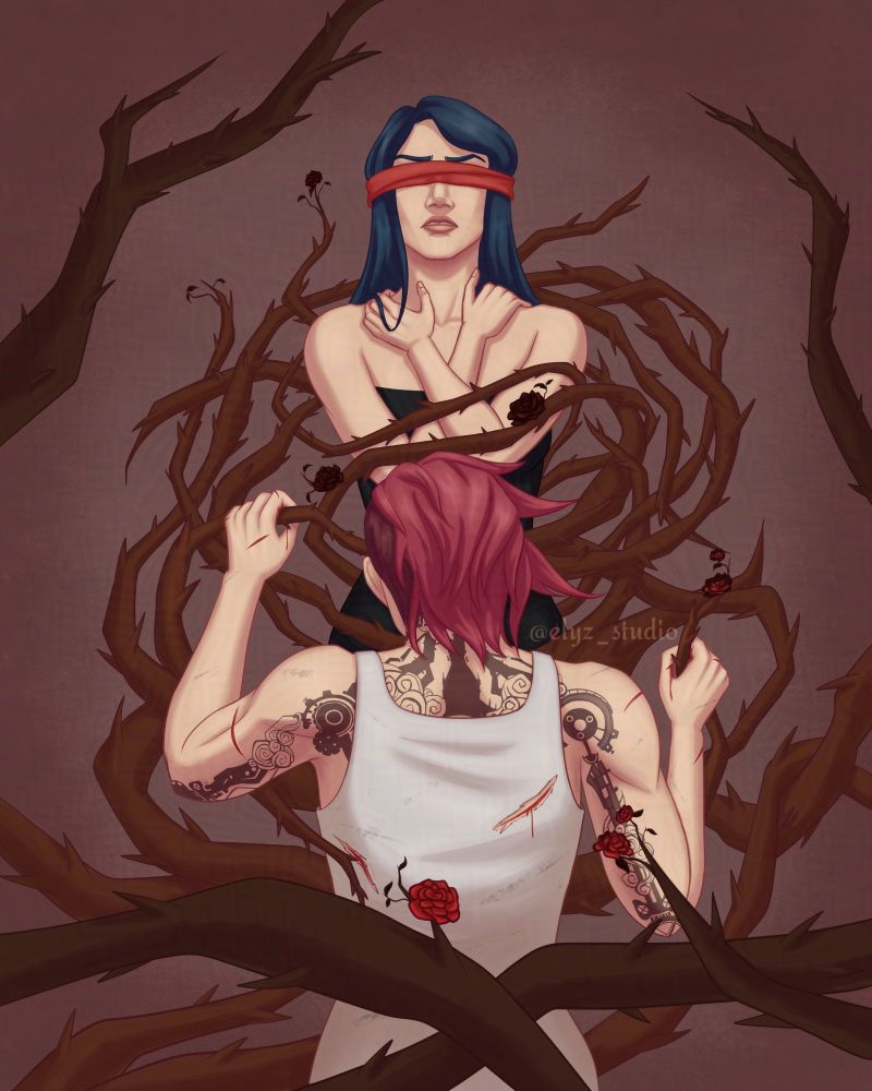 Grieving thorns - Vi all bloodied trying to reach out to Caitlyn being wrapped around rose branches full of thorns, with her eyes covered by a red cloth. The red roses turning black the closer they are to Caitlyn