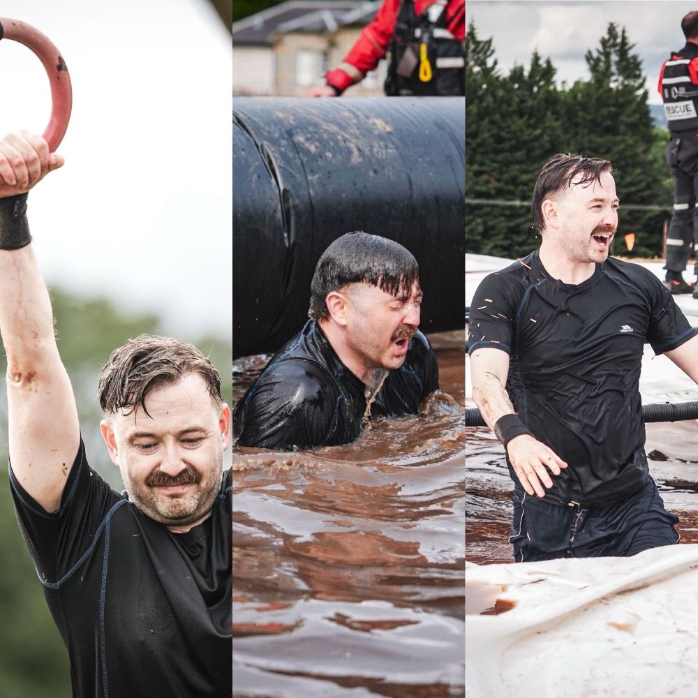Three-panel composite image of a man completing a muddy obstacle course: left shows him gripping gymnastic rings mid-air, center captures him grimacing while emerging from muddy water beneath a black pipe, and right shows him smiling and soaked after finishing an icy water-based challenge.