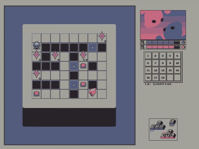 A grid-based puzzle game about uniting two blobs, one pink, one blue.