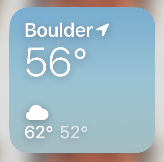 Screenshot of a weather tile showing 56 degrees in Boulder, CO
