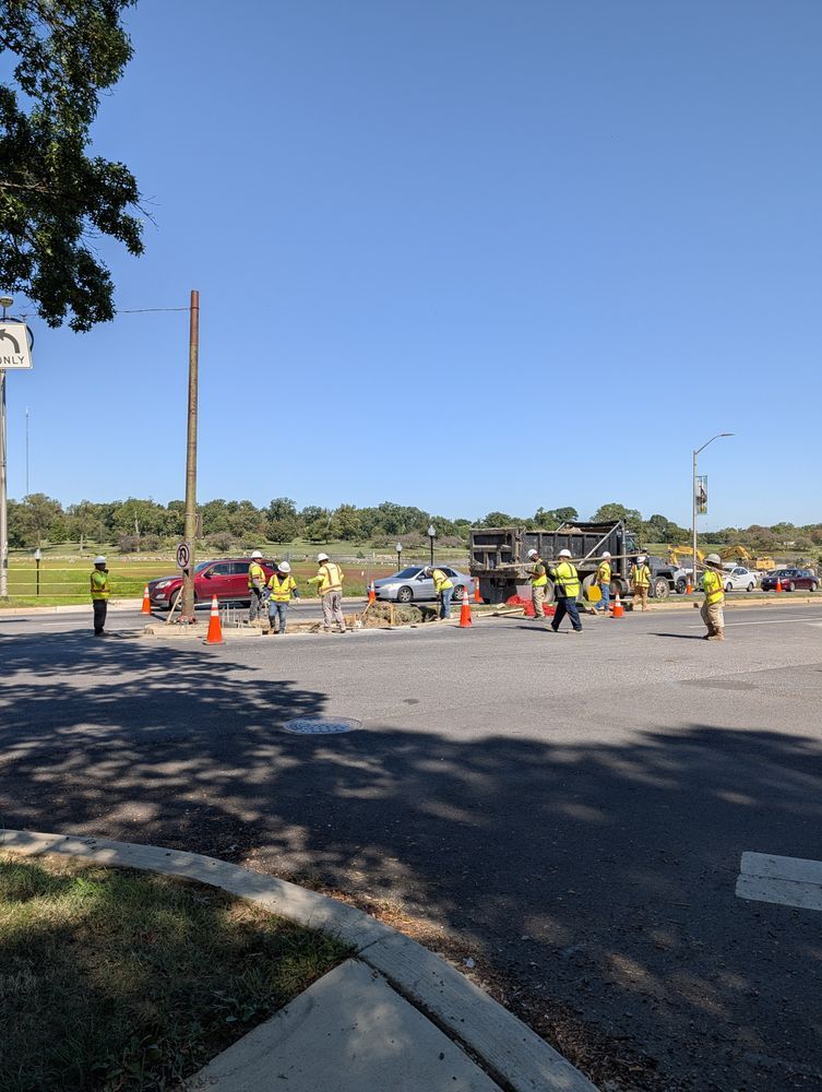 Workers installing a new crosswalk at Eutaw