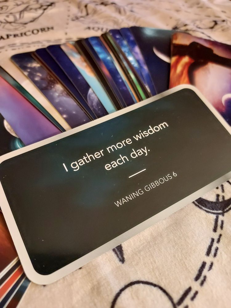 Moon Magick oracle card by Stacey Demarco designed by Sara Lindberg 
"I gather more wisdom each day."
Waning Gibbous 6