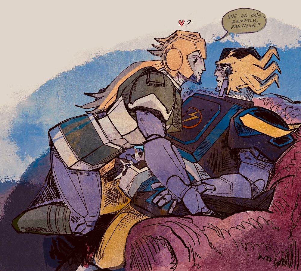 Drawing of Mach windy and gold foot from iron leaguer on a couch. Mach windy is approaching gold foot, one knee between his, holding one of his hands. Windy’s other hand is brushing gold foot’s codpiece. He’s leaning in close and smiling, making eye contact with gold foot who is blushing like a maiden. 

Windy: one-on-one rematch, partner? 