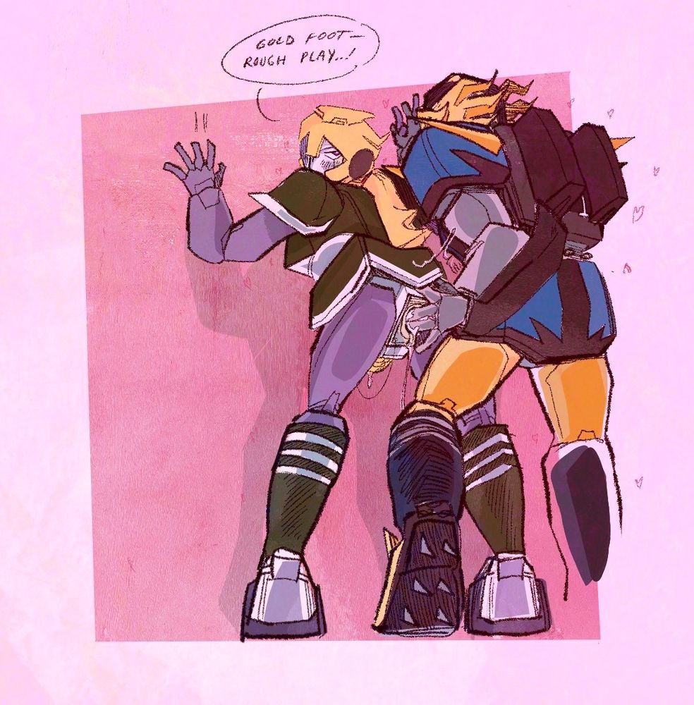 Mach windy and gold foot from iron leaguer. Mach windy is pressed up a wall getting absolutely finger blasted. Gold foot has his a finger wandering so Mach windy is scolding him (“gold foot - no rough play!”)