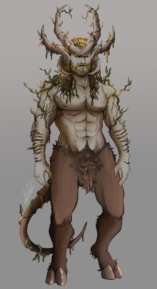 The SFW version of The Wooded One that is a Nature Deity in my head. He is based off of a Satyr but has a tail. What would be the human above the waist area part though is more like plant person. The skin is smooth but tough like bark and he has horns with vines and flowers and such. In this image his genitalia can't be seen since it's sort of sheathed and the area is covered in the thick fur. 