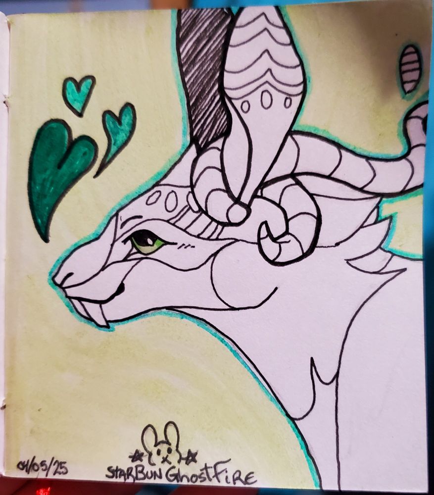 Description is the same as prior except now Lenarabu is lined with ink, the eyes colored in a bright and pale light green, the background colored in pastel green with a thin teal outline surrounding Lenarabu and the floating hearts lined in black and colored in green & teal.