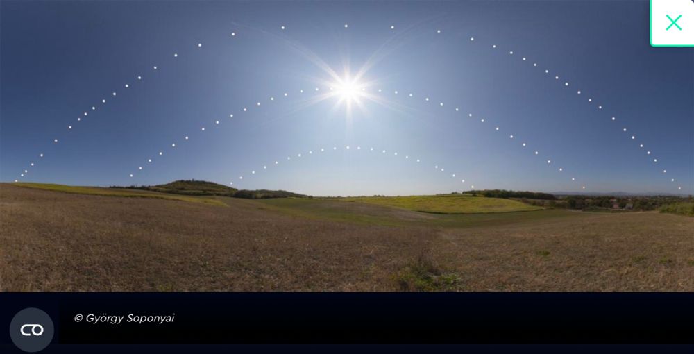 taken by Astronomy Photographer of the Year 2021 entrant György Soponyai, shows the changing arcs of the Sun throughout the year. The smallest arc at the bottom marks the winter solstice, and the largest one at the top the summer solstice. The band in the middle is the 'equinox', with roughly equal hours of day and night.