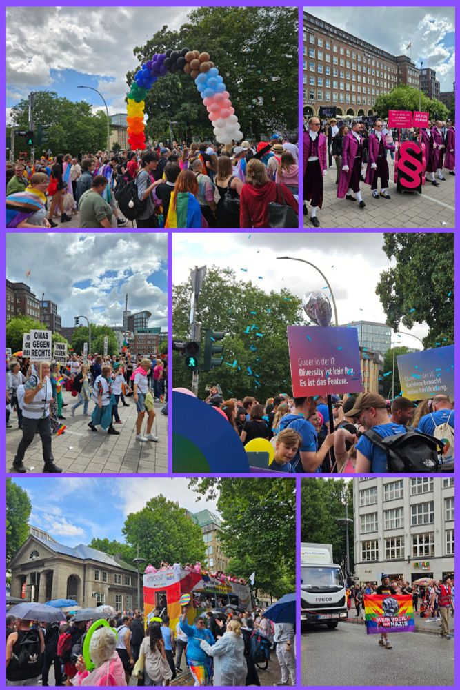 Fotocollage mit Trucks und Teilnehmenden des CSD Hamburg
