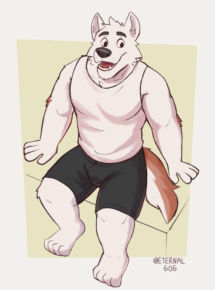 An white anthro wolf sitting using a white shirt and black pants.