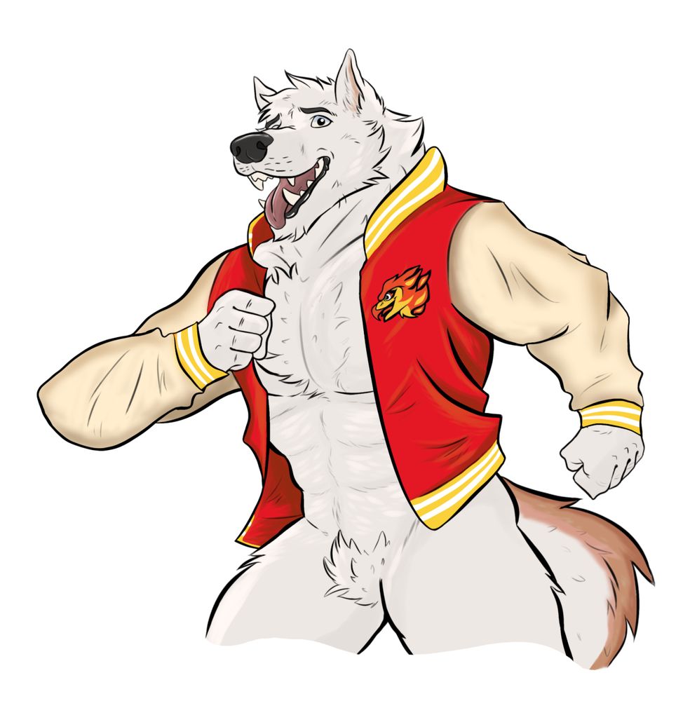 A white anthro wolf wearing a red jacked school stylished.