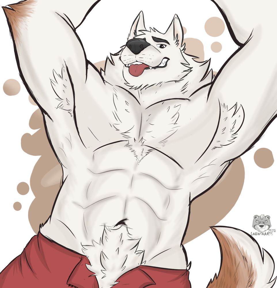 A white anthro wolf half naked, with red shorts, with his arms lifted and his tongue out.