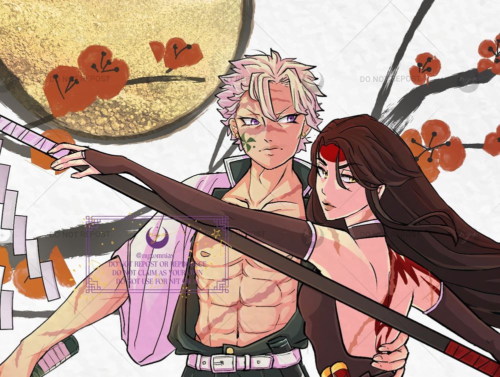 My artwork depicting Sanemi (from KNY/Demon Slayer) and Yoake (my fan OC)