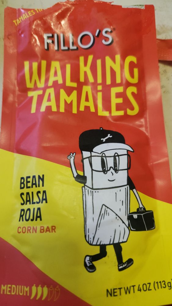 Picture of a Fillo's Walking Tamaĺes - Bean Salsa Roja corn bar, medium heat. 