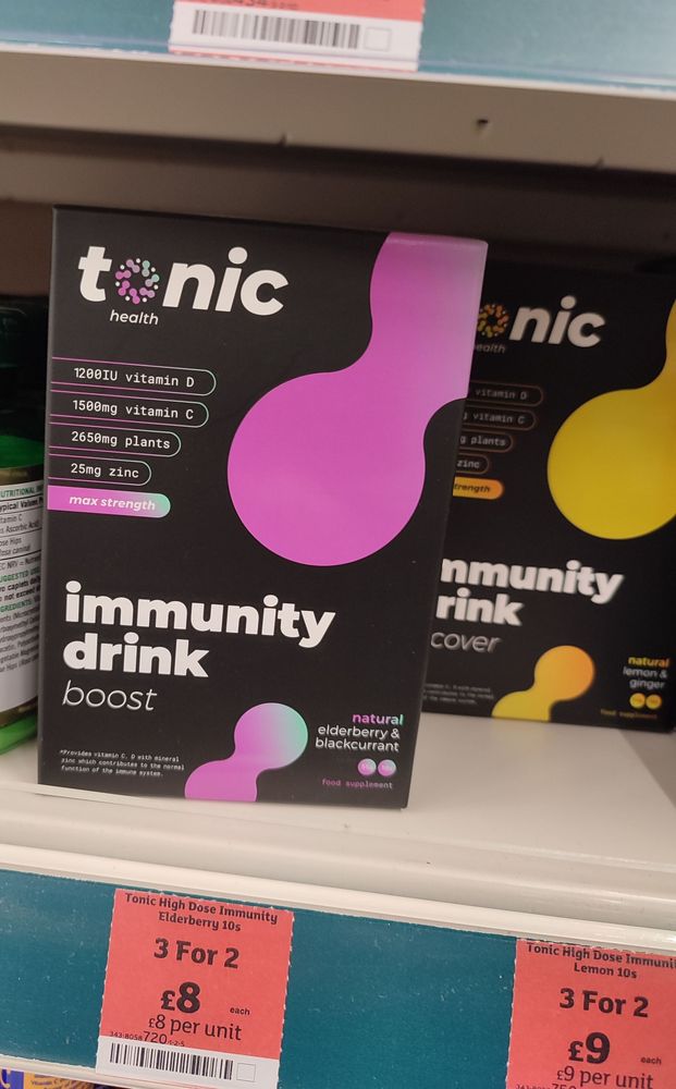 Photo of a multivitamin 'immunity drink' on a supermarket shelf