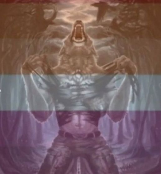 meme de um lobo rasgando a blusa e usando calça jeans, além de uma bandeira lesbica opaca cobrir toda a imagem