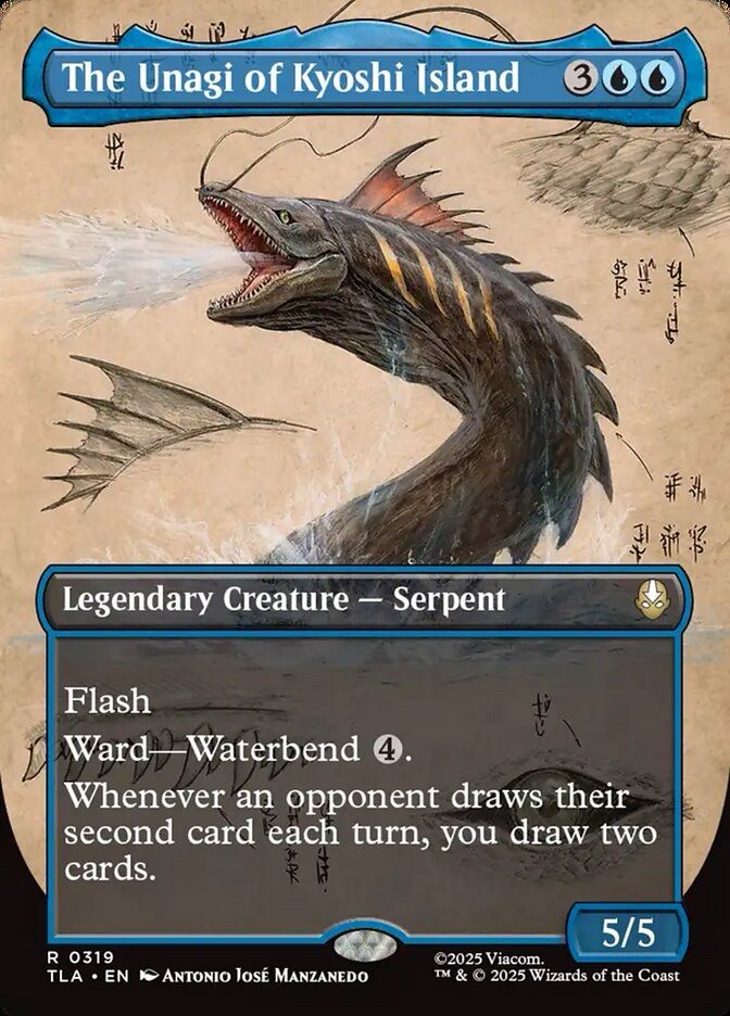 The Unagi of Kyoshi Island  3UU

Legendary Creature - Serpent
Flash
Ward Waterbend 4.
Whenever an opponent draws their second card each turn, you draw two cards.

5/5
