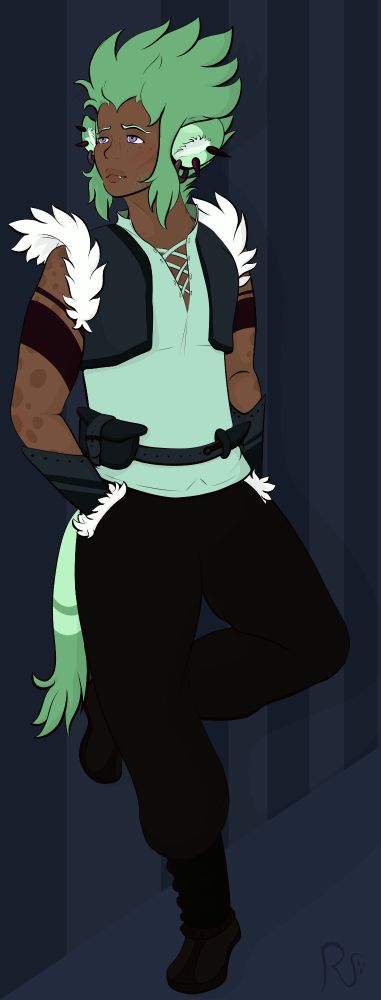 A dark-skinned man with large, fluffy hair leans against the wall while looking off in the distance. He is in dark brown shoes, puffy dark brown medieval pants, a green shirt, and an open green half vest with fluffy white fur on its sleeves. His hands are in his pants pockets, and his hair/fur is green. He also has pierced hyena ears and a hyena tail.