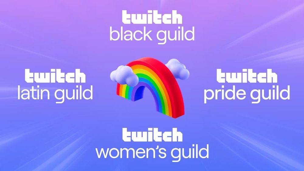 Twitch Black Guild logo, Twitch Latin Guild logo, twitch pride Guild logo, and twitch women’s guild logo sitting Around 3-D rainbow on a blue and purple background.